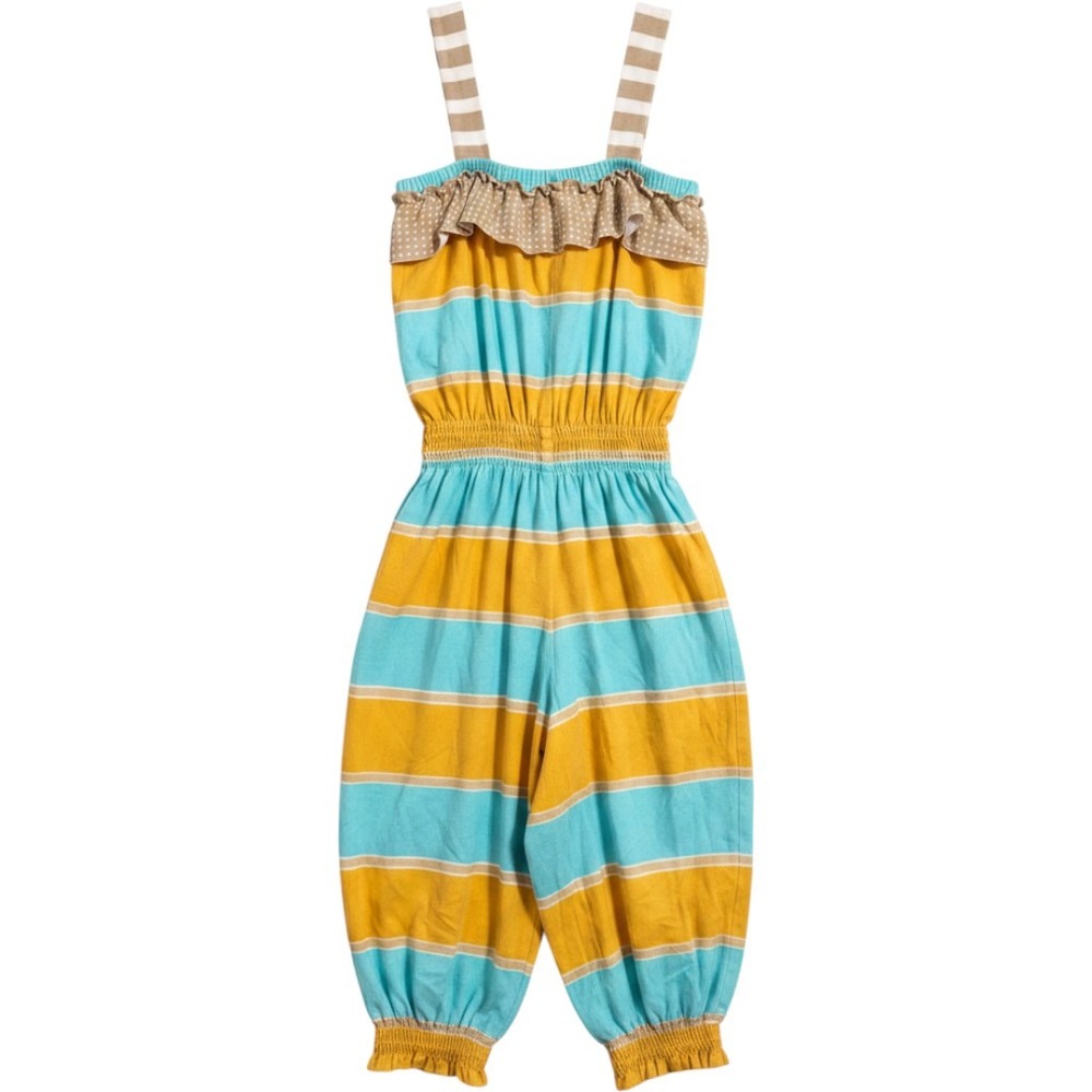 Persnickety Striped Jumpsuit Kids Size 10 Yellow Turquoise Ruffle Smocked Tank